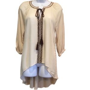 Blu Pepper Ivory Tunic Top Burgundy Embroidery High Low Hem Tassel Tie Large